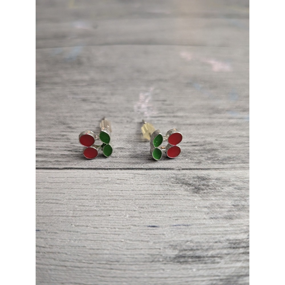 Silver Tone Red Green Enamel Cherry Stud Earrings Geometric Fruit Jewelry